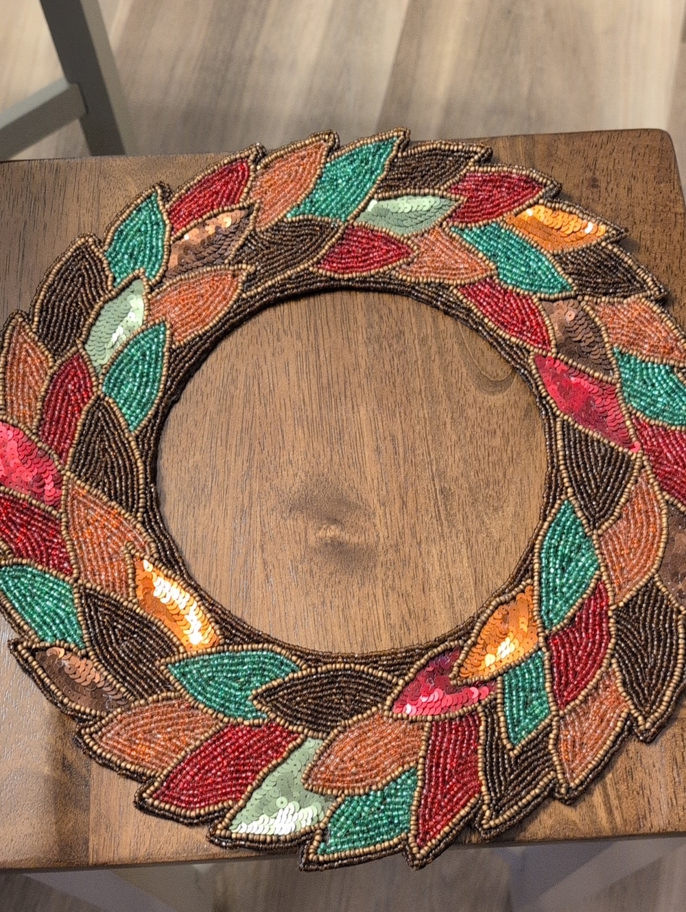 Beaded Leaf Accent Flar Placemat in Teal, Red & Orange - Decorative Home Accent